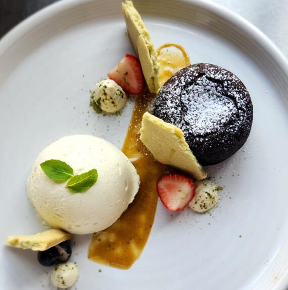 Avocado Based Chocolate Fondant Served with Avocado White Chocolate Mousse